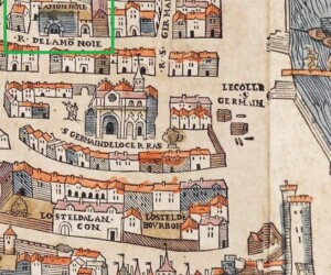 Zemljevid Pariza Truschet et Hoyau iz leta 1553. Z modro je označena kovnica na R. de la Monoie - starinski zapis. Spodaj Louvre. Orientacija severa je levo spodaj.