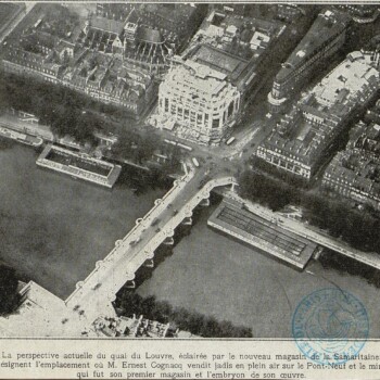 Pogled na art deco prizidek Samaritaine in okoliške stavbe leta 1929. Vir slike: bibliotheques-specialisees.paris.fr