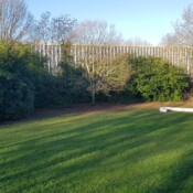 Pogled na travnik okoli hiše, v ozadju je osnovna šola Le Corbusier.