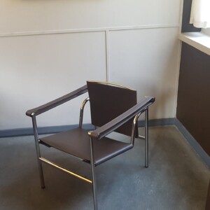 Hiša la Roche - stol LC1 v knjižnici - en prvih design stolov iz kovine in ne več iz lesa. Danes vreden okoli 3000€.